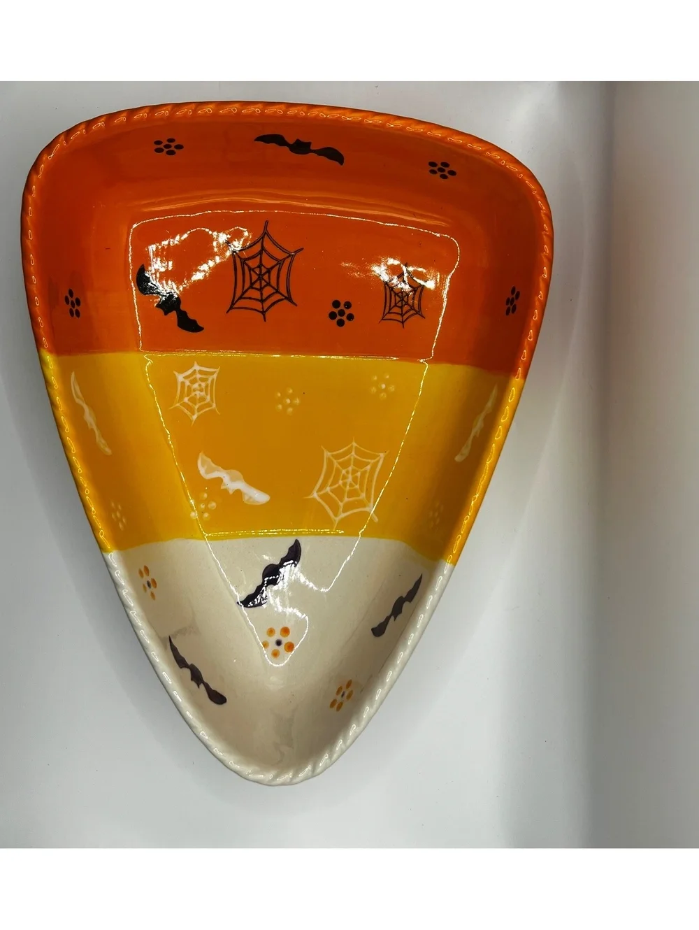 Large 11” Halloween Candy Corn Ceramic Dish Bat Spiderweb Temp-tations Tara